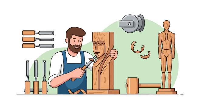 Woodcarver shaping a wooden bust with chisel and mallet