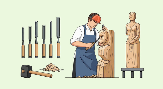 Woodcarver shaping a wooden sculpture with chisels