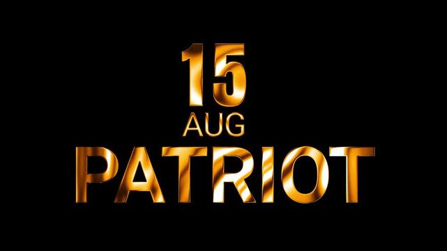 15 August patriot text design with golden flow shine animation