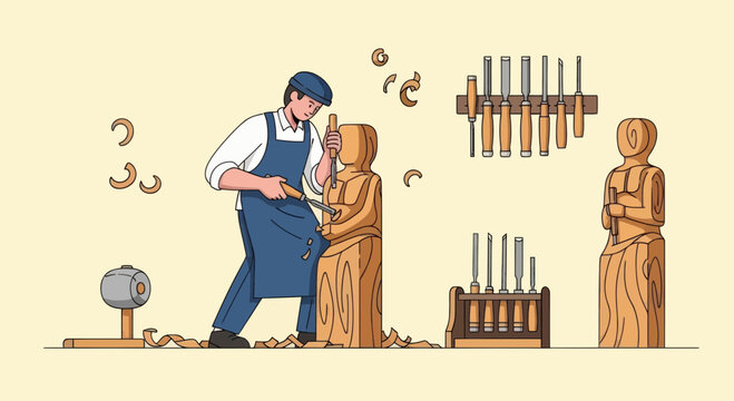 Woodcarver shaping a wooden figure with chisels
