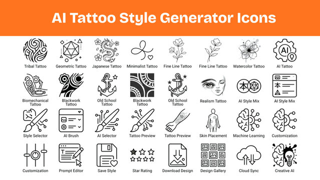 AI Tattoo Style Generator Monoline Vector Icons for Modern Design Apps