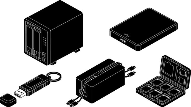 Isometric Data Storage Device Vector Icon Set with NAS Server External Hard Drive USB Flash Drive SD Card Case and Cable Pouch Designs