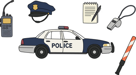 Police Equipment Set Featuring Patrol Car Radio Transceiver Uniform Hat Whistle Lined Notepad And Traffic Baton For Law Enforcement Concepts Vector Illustration © Raihan1971