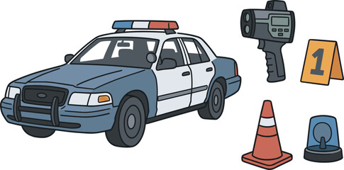 Police Equipment Set Featuring Patrol Car Speed Radar Traffic Cone Evidence Marker And Siren For Law Enforcement Concepts Vector Illustration © Raihan1971