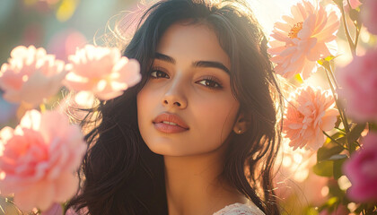 Fototapeta premium Woman surrounded by flowers, soft lighting, serene atmosphere in a garden setting.