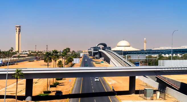 Modern architecture of the Riyadh metro line station and highway infrastructure at King Khalid International Airport in Saudi Arabia