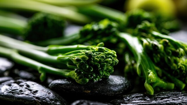 Broccolini on Dark Stones: Fresh, vibrant broccolini stems arranged artfully on dark, textured stones, highlighting the vegetable's intricate florets and crisp texture.