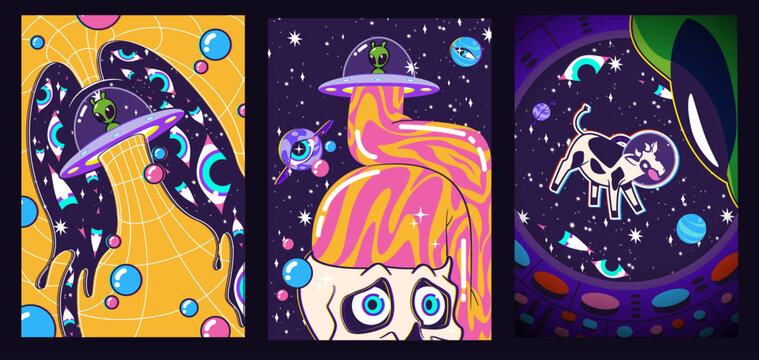 Groovy poster set with psychedelic retro design. Vector illustration of vintage banners with cow in space helmet, alien ufo, eyes, crazy skull on space background, creative y2k pattern with starry sky