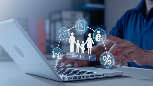 employees increase insurance.Employee benefits and insurance management concept with digital technology, highlighting compensation, welfare programs, financial security, and business growth.