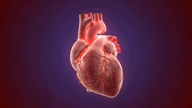 Human heart with prominent arteries and veins, anatomically accurate structure, on purple background with subtle gradient, medical education and healthcare concept, 4K video