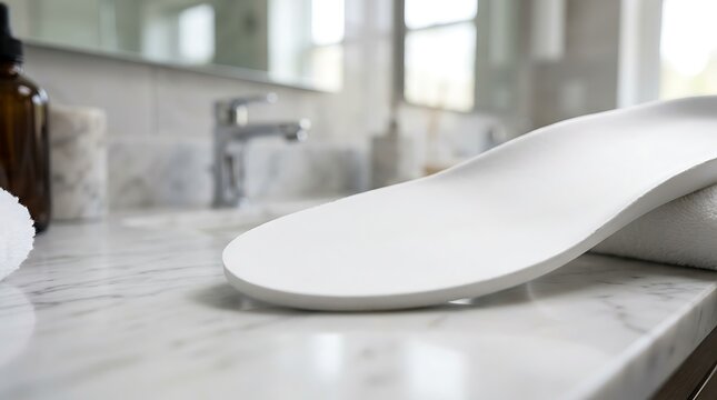 white footwear insole resting on a marble bathroom vanity surface showcasing orthopedic support and foot care products