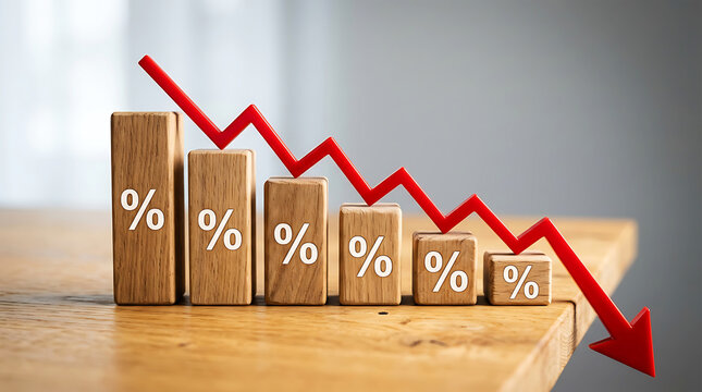 Red line graph with percentage blocks showing decline on wooden table image