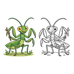 Fototapeta premium Cute praying mantis coloring page and vector character set