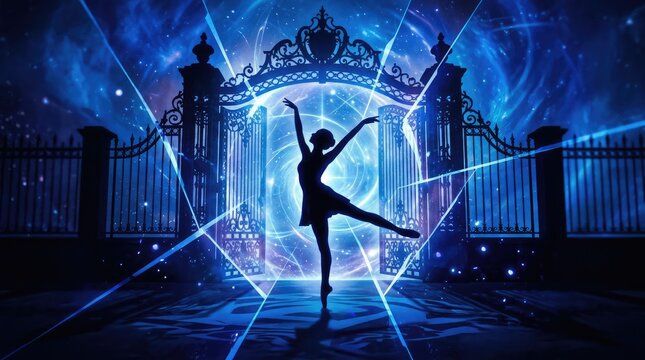 Graceful silhouette of a ballet dancer poised before majestic, glowing gates, bathed in ethereal cosmic light within a vibrant, dreamlike universe
