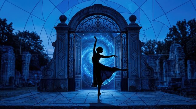 Ballerina dancing in front of an ethereal, glowing portal, surrounded by ancient stone ruins under a starry night sky