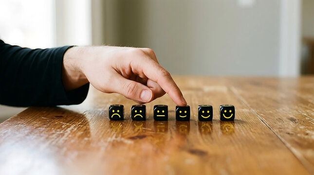 Hand selecting happy face emoji dice on wooden table finger touching