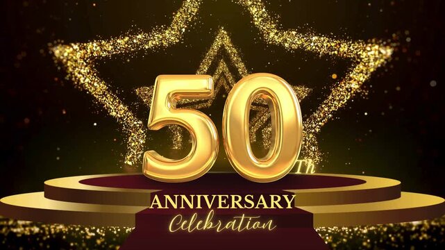 Golden Jubilee Celebration: A shimmering golden 50 stands proudly on a stage, set against a backdrop of sparkling stars, marking a grand anniversary celebration.
