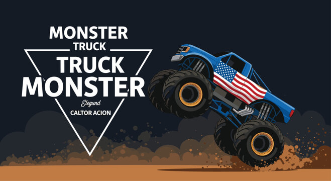 Massive monster truck with an American flag design performing a high jump over a dirt track with dramatic dust clouds and bold typography.