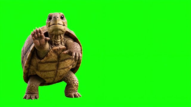 Realistic 3D turtle Character Showing Stop Hand Gesture and Shaking Head, Isolated on Chroma Key Green Screen Background, Concept, Refusal, Rejection, Disagreement, Do Not Enter, Negative, Isolat