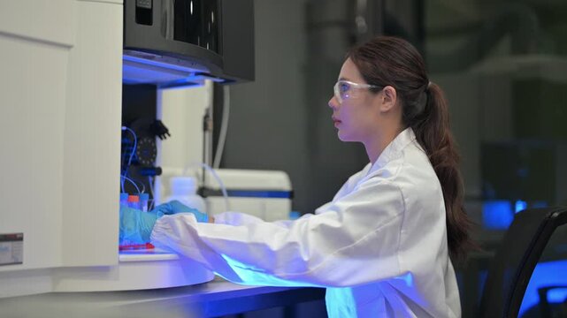 Lab technician conducts experiments in a research facility on a weekday afternoon