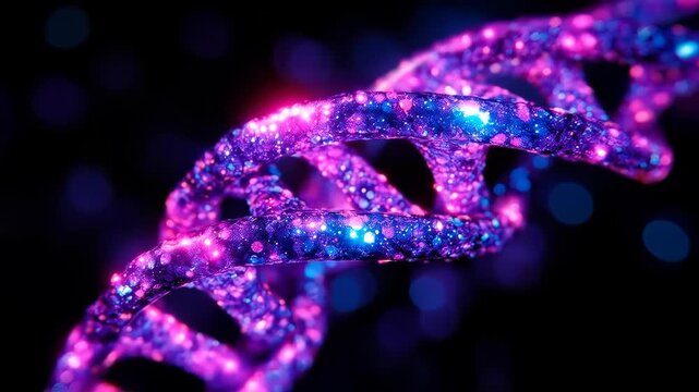 Abstract 3d render of a glowing DNA strand rotating in slow motion with neon pink and blue glitter particles. Futuristic concept for biotechnology, gene editing, neuroscience, and medical research.