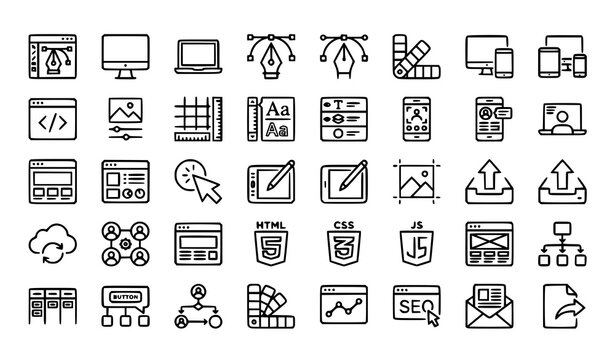 Modern Web Design Outline Icons Collection with Computers Graphic Editor and Digital Creative Tools