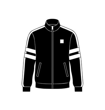 A black athletic zippered jacket with white stripes on the sleeves and a small chest logo flat illustration