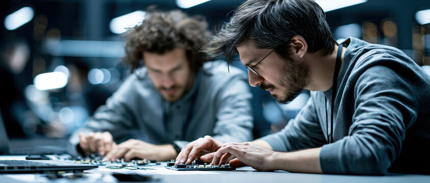Focused engineer electronic circuit teamwork modern lab technology development man coworker collaboration innovation workplace prototype microchip component soldering precision detail