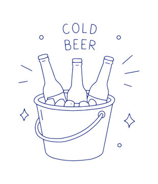 Beer bottles chilling in an ice bucket with Cold Beer lettering. Hand drawn doodle style vector illustration for parties, pubs and breweries.