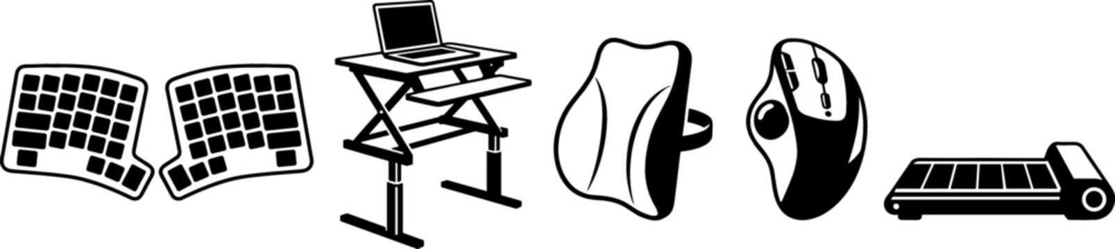 Ergonomic Home Office Equipment Vector Silhouette Set with Split Mechanical Keyboard Standing Desk Converter Lumbar Support Cushion Trackball Mouse and Under Desk Treadmill