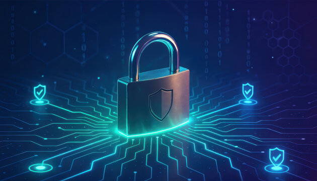 Cyber security data protection digital lock network safety encryption firewall cyber defense secure connection technology privacy protection glowing cyber security concept with metallic digital