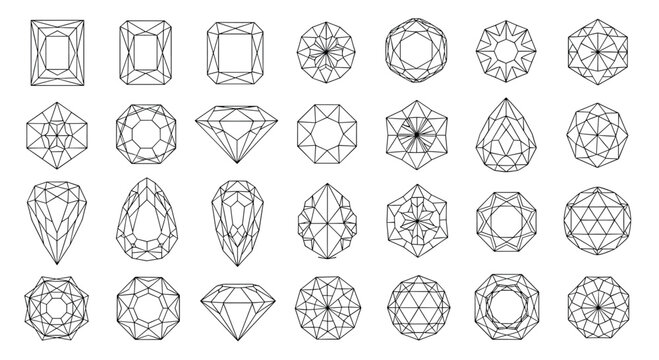 Detailed set of various gemstone and diamond cut patterns in black and white line art, showcasing different facets and geometric shapes.