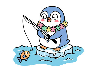 Obraz premium Happy penguin with floral garland holding fishing rod standing on floating ice block catching small orange fish in sea water in adorable kawaii style vector illustration for children book.