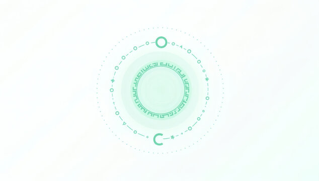 Futuristic circular interface element with glowing digital data rings and abstract technological node patterns on light background