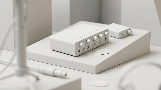 Monochromatic audio gear mockup with guitar picks on stage perfect for music production branding and studio equipment