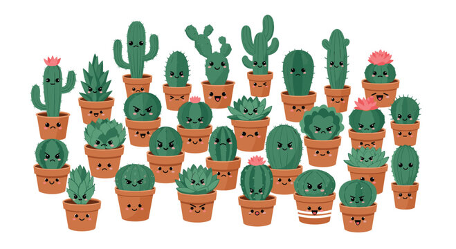 Huge group of cute cartoon cacti and succulents with a wide range of funny facial expressions in clay pots for playful graphic designs.