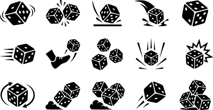 Dice silhouette icon set, flat black glyph style, pure white background