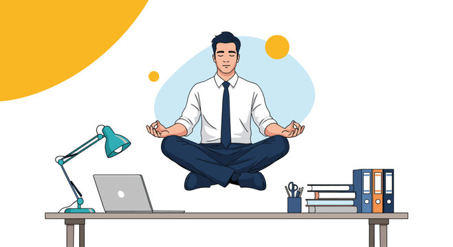 Mindful businessman levitating above his desk while meditating in a lotus pose to manage work stress and find balance in the office.