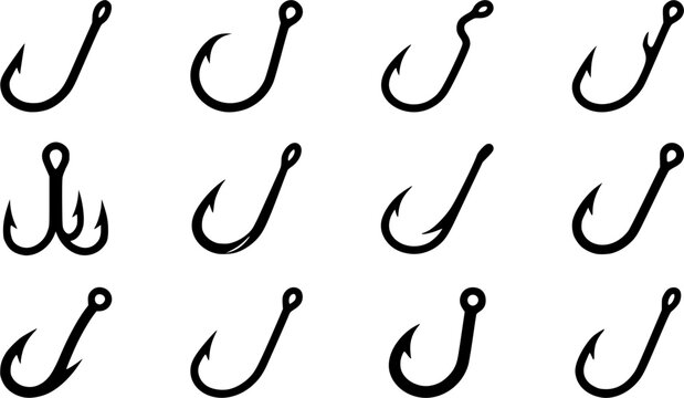 Fishing hook  silhouette icon set, flat black glyph style, pure white background