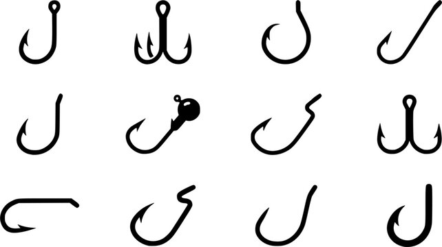 Fishing hook  silhouette icon set, flat black glyph style, pure white background