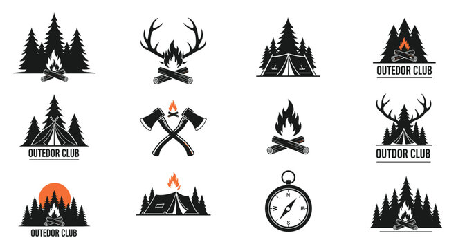 Outdoor adventure and camping logos featuring campfires, tents, pine trees, and compasses for scouts and wilderness exploration groups.