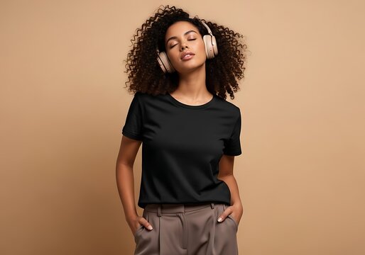 Stylish young woman with curly hair wearing headphones and a black tshirt