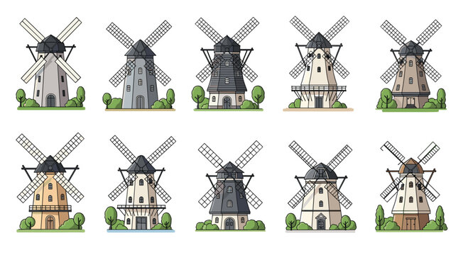 Diverse traditional windmill illustrations in various architectural styles and colors for rural landscapes or heritage design projects.