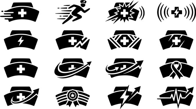 Nurse hat silhouette icon set, flat black glyph style, pure white background