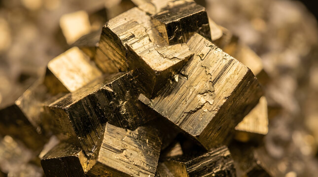Close-up of glittering pyrite cubes, a metallic mineral, showcasing its geometric structure and golden luster against a blurred background