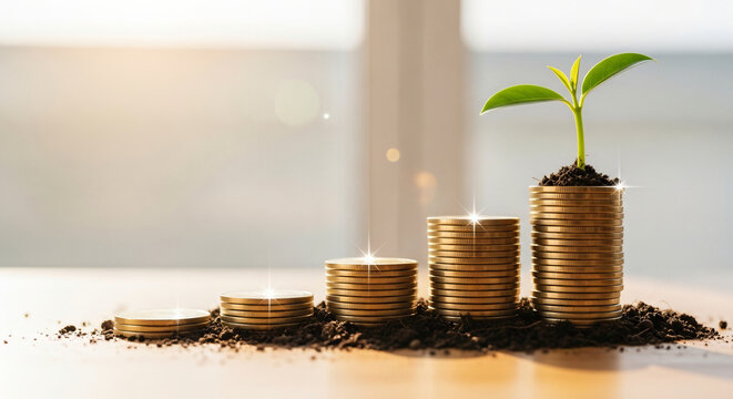 wealth building concept with coins and sprouting plant in soil on soil