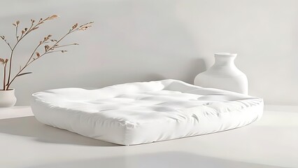 Naklejka premium Plush rectangular white pet bed mockup featuring soft quilted texture in modern interior setting for comfortable sleeping
