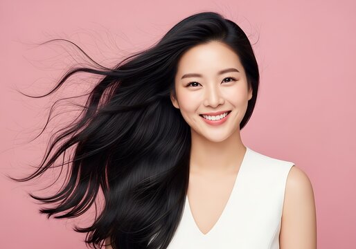 Portrait of a beautiful asian woman with long flowing healthy black hair