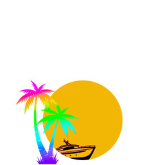 Obraz premium Tropical Luxury Yacht Sunset with Rainbow Palm Trees – Retro Summer Paradise Vector