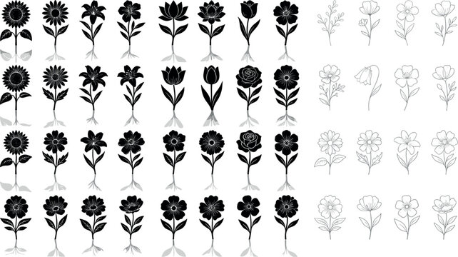 Floral silhouette and line art icons set featuring black flower shapes and delicate branch outlines vector elements for vintage decorations greeting cards logo design and patterns,